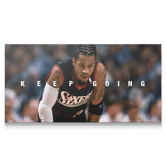 Close-up of Allen Iverson's intense expression emphasizing the message 'Allen Iverson - Keep Going'.