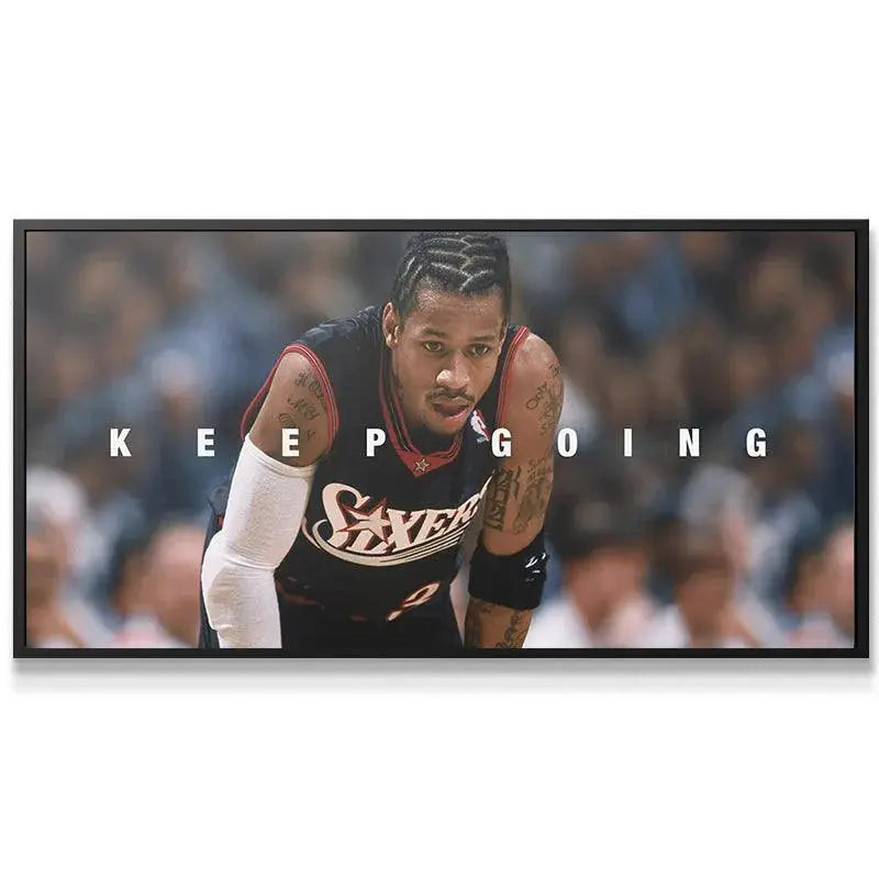 Wide shot of the motivational canvas print featuring 'Allen Iverson - Keep Going' in a home office setting.