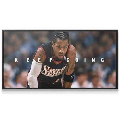 Wide shot of the motivational canvas print featuring 'Allen Iverson - Keep Going' in a home office setting.
