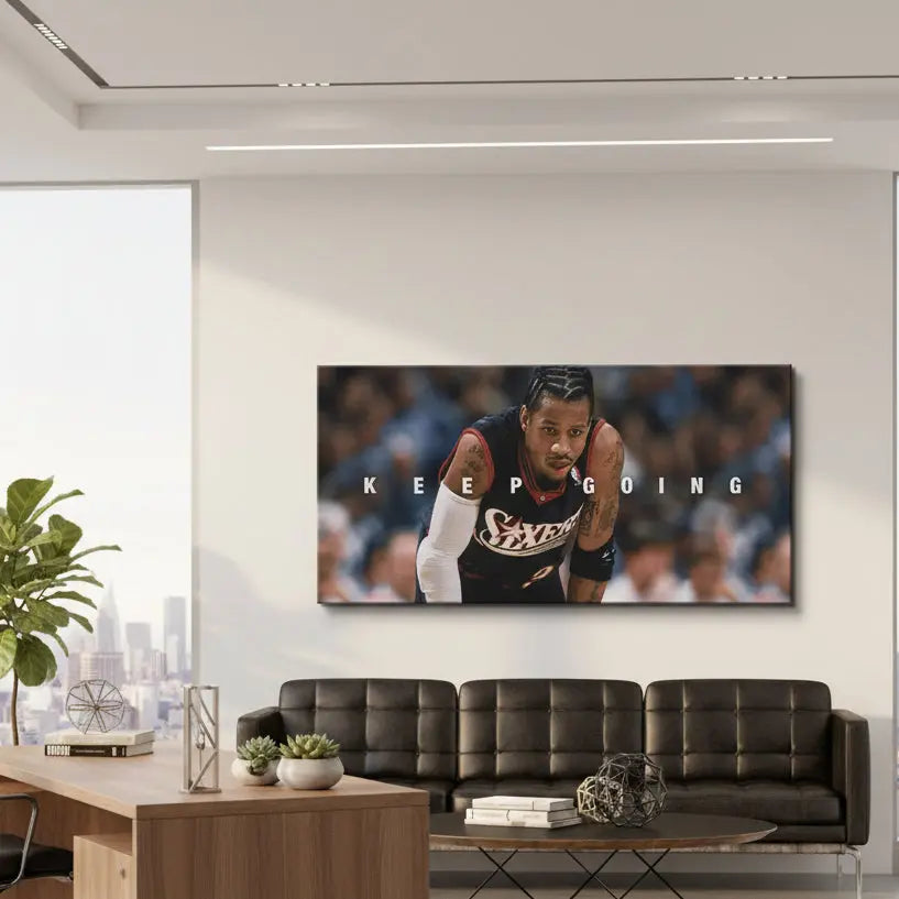 Side angle view highlighting the depth and mounting of the 'Allen Iverson - Keep Going' wall art.
