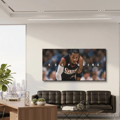Side angle view highlighting the depth and mounting of the 'Allen Iverson - Keep Going' wall art.