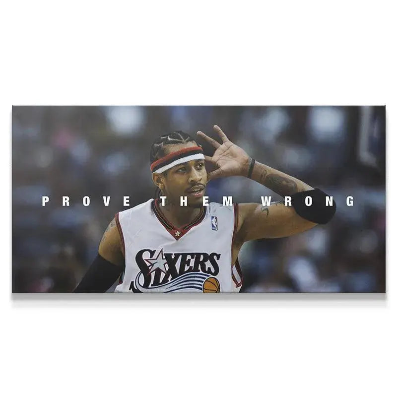 Close-up profile of Allen Iverson making the hand-to-ear gesture in the 'Allen Iverson - Prove Them Wrong' motivational print.