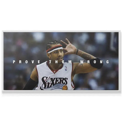 Textured canvas rendering of the Philadelphia Sixers legend Allen Iverson - Prove Them Wrong, emphasizing fabric detail.