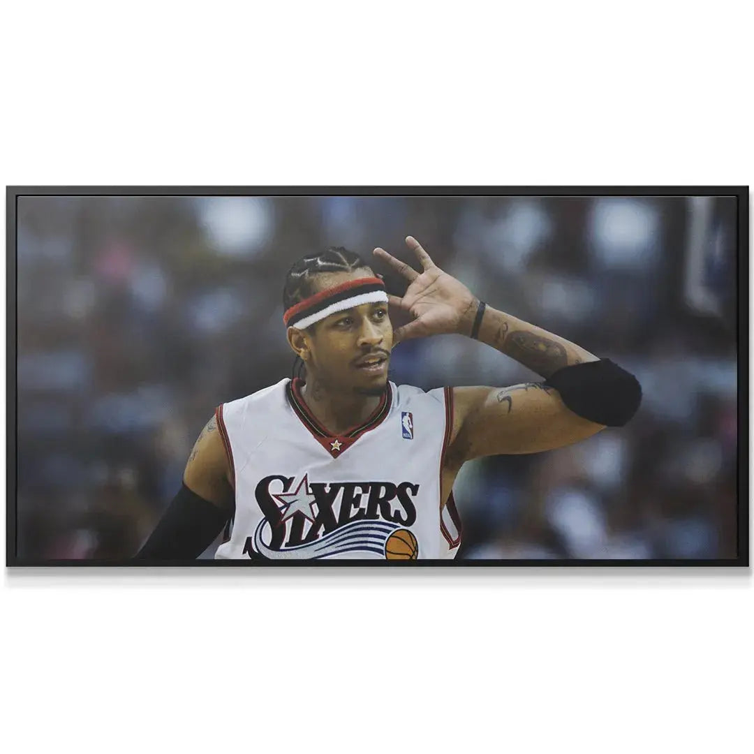 Dynamic low-angle representation of AI celebrating in his jersey for the 'Allen Iverson - Prove Them Wrong' wall art.