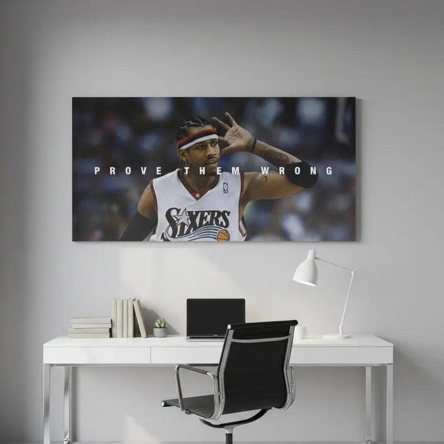 NBA memorabilia featuring Allen Iverson in his 76ers jersey, highlighting the star logo and 'Prove Them Wrong' typography.