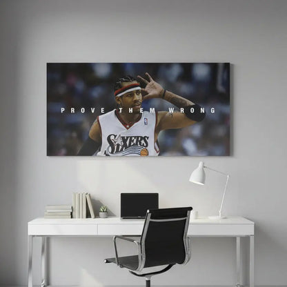 NBA memorabilia featuring Allen Iverson in his 76ers jersey, highlighting the star logo and 'Prove Them Wrong' typography.