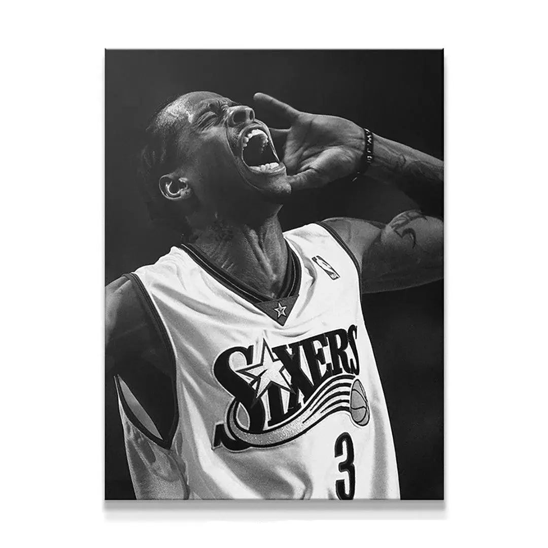 Allen Iverson - Roar full shot canvas print, black and white Sixers jersey No. 3.