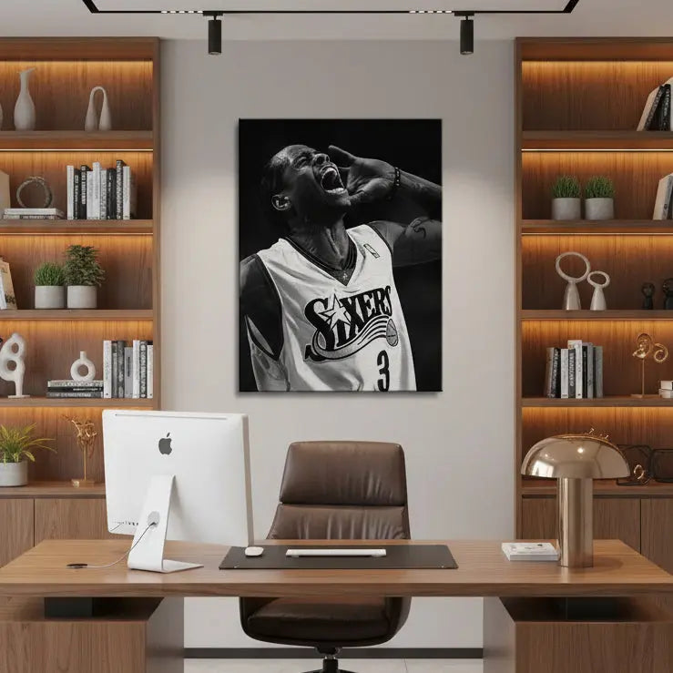 Lifestyle depiction of Allen Iverson - Roar hanging above a modern living room sofa.