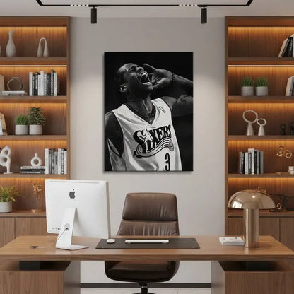 Lifestyle depiction of Allen Iverson - Roar hanging above a modern living room sofa.