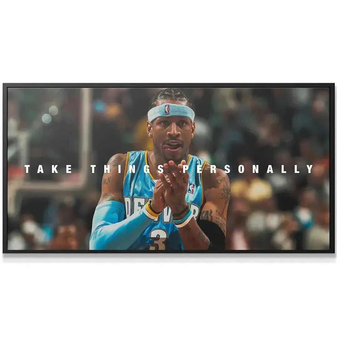 Panoramic court view featuring Allen Iverson - Take Things Personally with arena lights bokeh.