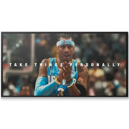 Panoramic court view featuring Allen Iverson - Take Things Personally with arena lights bokeh.