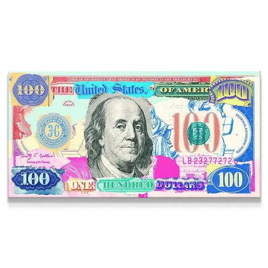 Close-up view of Benjamin Franklin's portrait on the vibrant Almighty Dollar pop art print.