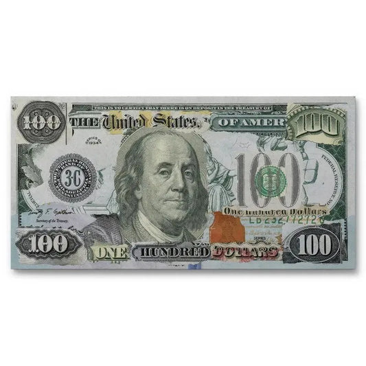 Full frontal view of the detailed 'Almighty Dollar Original' hundred dollar bill artwork.