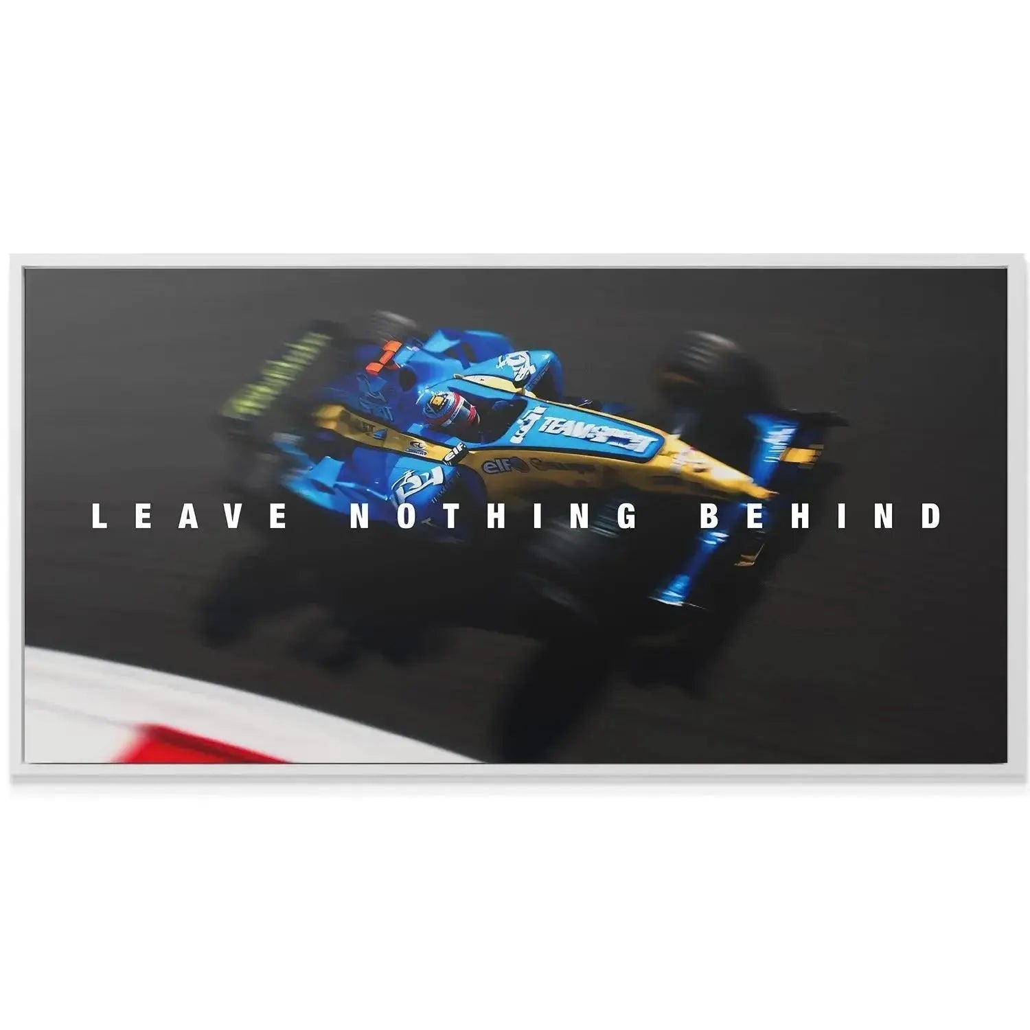 Textured canvas print visualization of the blue and yellow livery, titled 'Alonso - Leave Nothing Behind'.