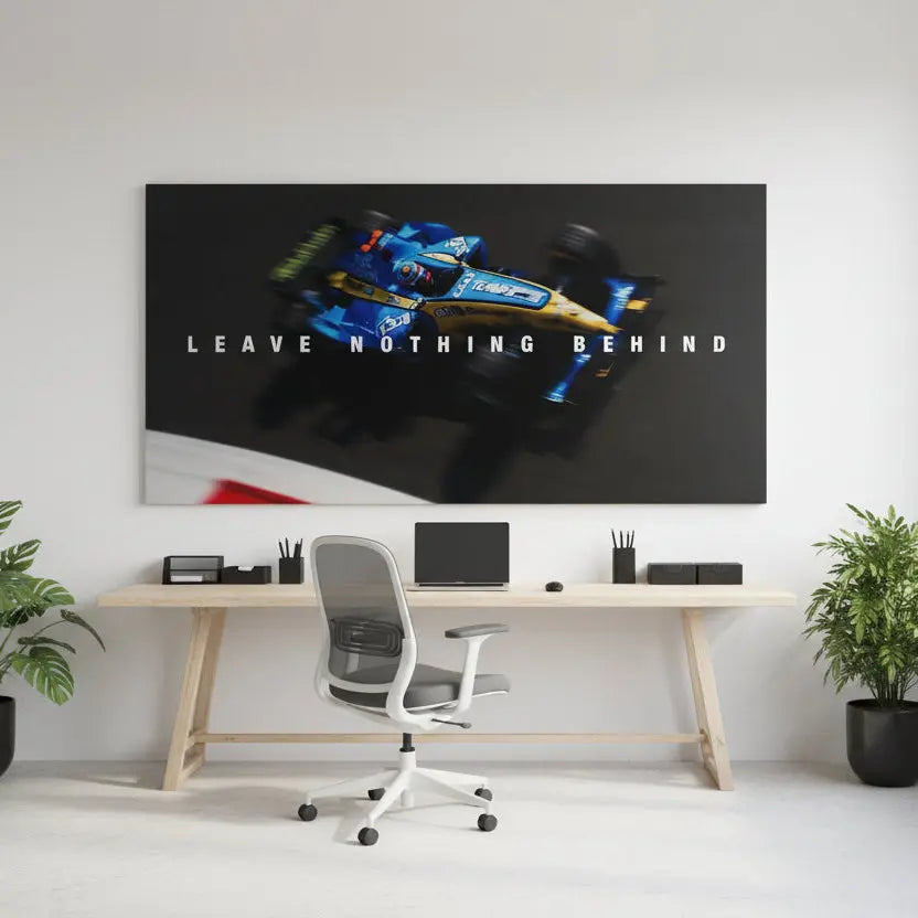 High-velocity side profile of the race car mid-corner, embodying 'Alonso - Leave Nothing Behind'.