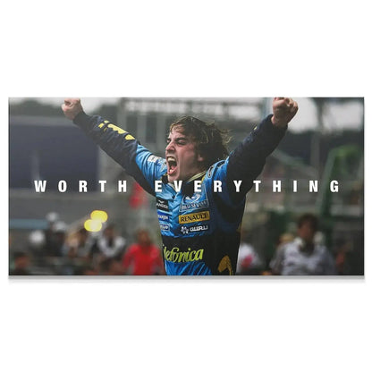 Close-up of Fernando Alonso's face yelling in triumph, titled 'Alonso - Worth Everything'.