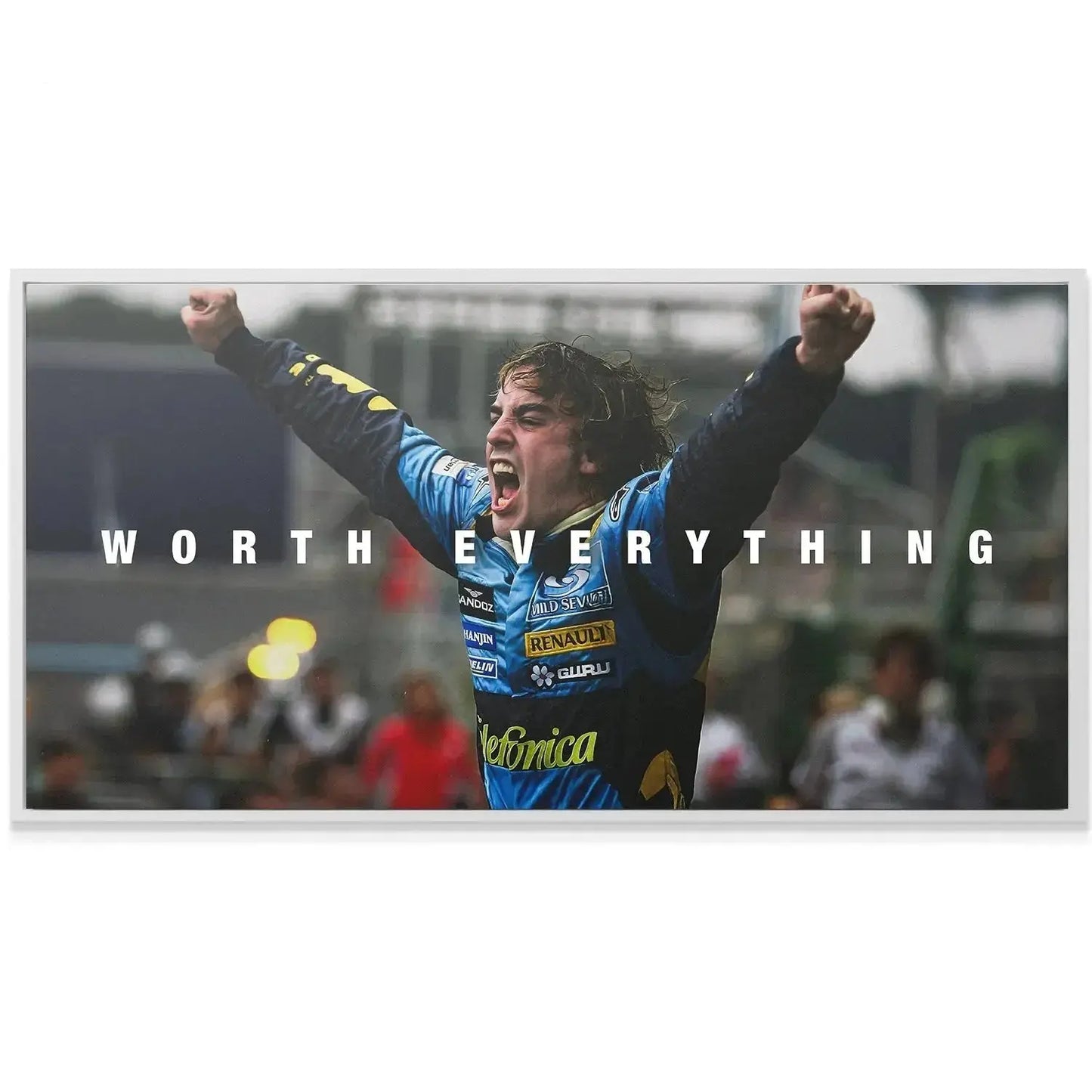 Lifestyle shot of the F1 victory artwork, emphasizing that 'Alonso - Worth Everything' is a great office decor piece.