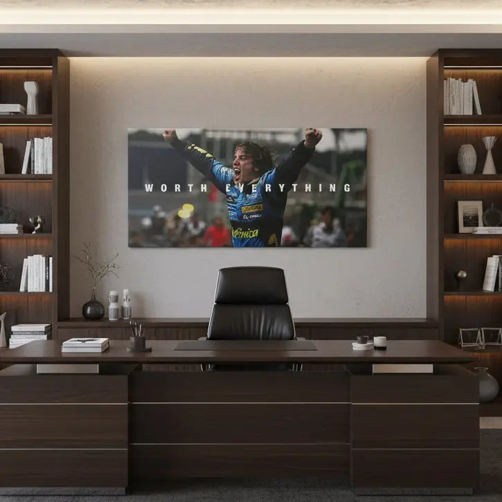 Detailed texture view of the premium canvas showing the vibrant blue Renault suit, titled 'Alonso - Worth Everything'.