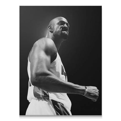 Alonzo Mourning - #1 dramatic black and white poster print taken from a low angle on the court.