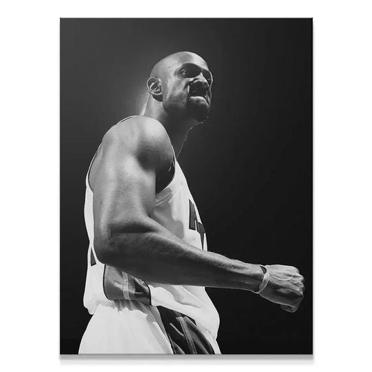 Alonzo Mourning - #1 dramatic black and white poster print taken from a low angle on the court.