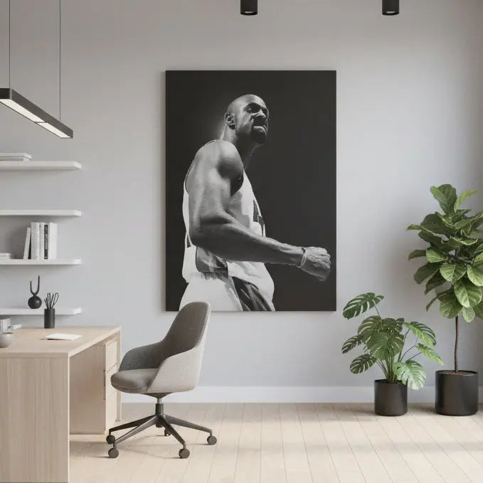 Lifestyle shot of the framed Alonzo Mourning - #1 artwork displayed in a modern sports-themed room.