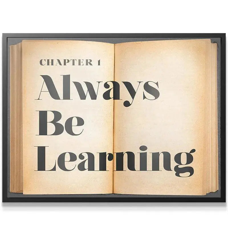 Close-up detail showing the texture and aged corners of the vintage pages for the 'Always Be Learning' artwork.