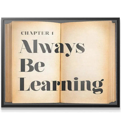 Close-up detail showing the texture and aged corners of the vintage pages for the 'Always Be Learning' artwork.