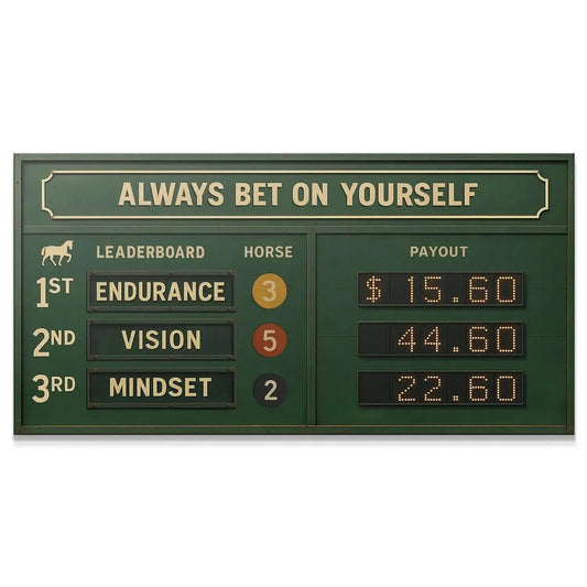 Full view of the green racing scoreboard emphasizing 'Always Bet on Yourself' quote in bold lettering.