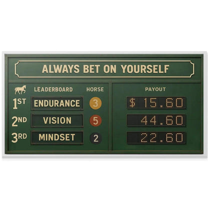 A high-angle view of the vintage-style wall decor illustrating the 'Always Bet on Yourself' typography and distressed texture.