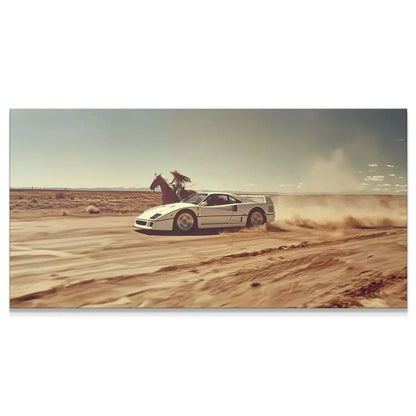 Full horizontal view of the desert race featuring a white sports car and horse; Always Bet The Jockey - No Quote.