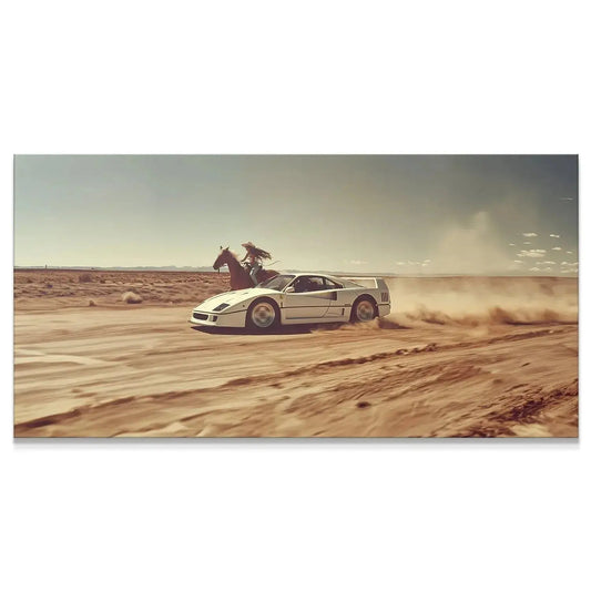 Full horizontal view of the desert race featuring a white sports car and horse; Always Bet The Jockey - No Quote.