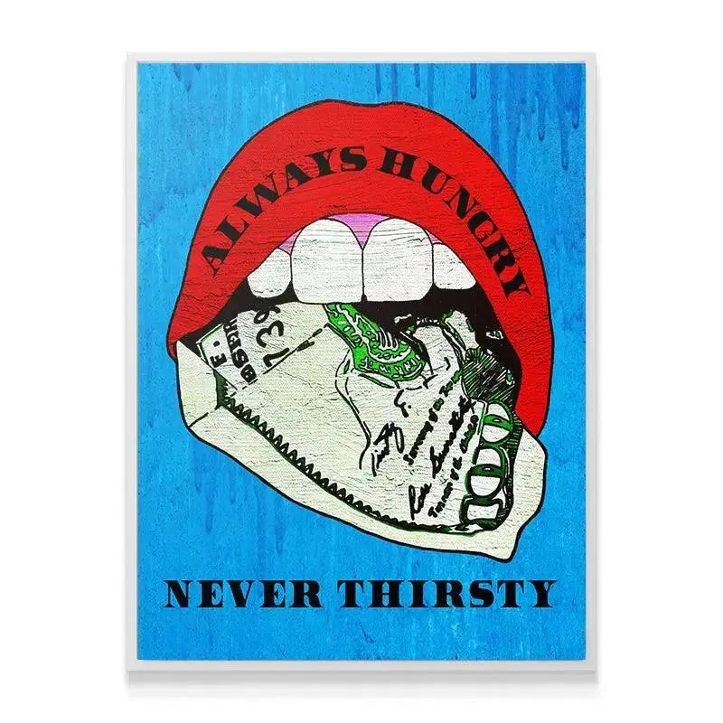 Textured view of the crumpled banknote detail against the bright blue backdrop in the Always Hungry Never Thirsty print.