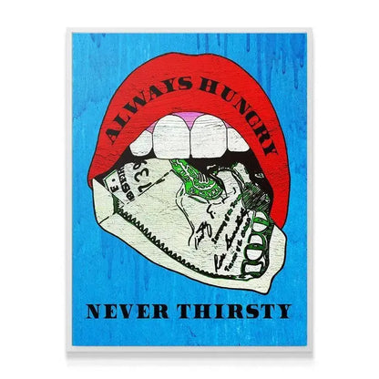 Textured view of the crumpled banknote detail against the bright blue backdrop in the Always Hungry Never Thirsty print.