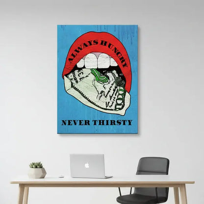 Lifestyle staging of the artwork hanging over a sleek modern desk, representing ambition and the Always Hungry Never Thirsty mindset.