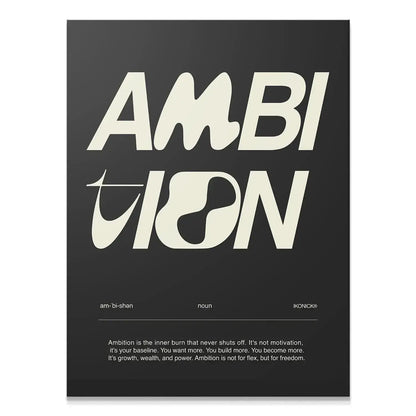 Full view of the motivational print: Ambition Definition - Dark, showcasing the large stylized typography.