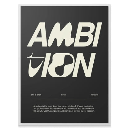 High-angle shot of the minimal framed wall art, Ambition Definition - Dark, hanging in a modern office environment.