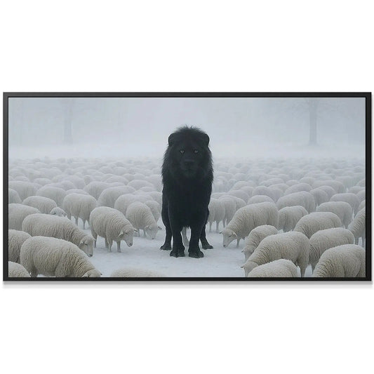 Detailed close-up of the black lion's fur and face in the Among The Sheep composition.