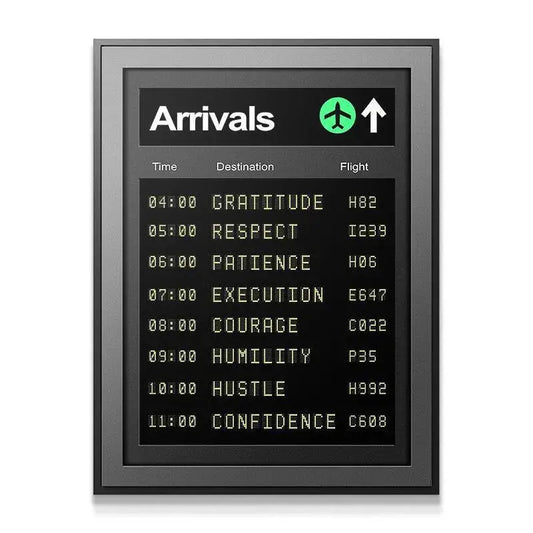 Full frontal view of the gray framed motivational airport 'Arrivals' display.