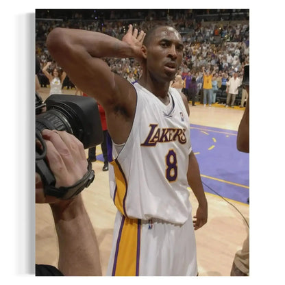 Close-up detailed Artwork of Kobe Bryant sweat and intensity on his face, wearing #8 Lakers jersey.