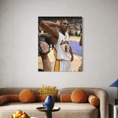 Full vertical view of the triumphant Artwork of Kobe Bryant standing on the basketball court after a score.