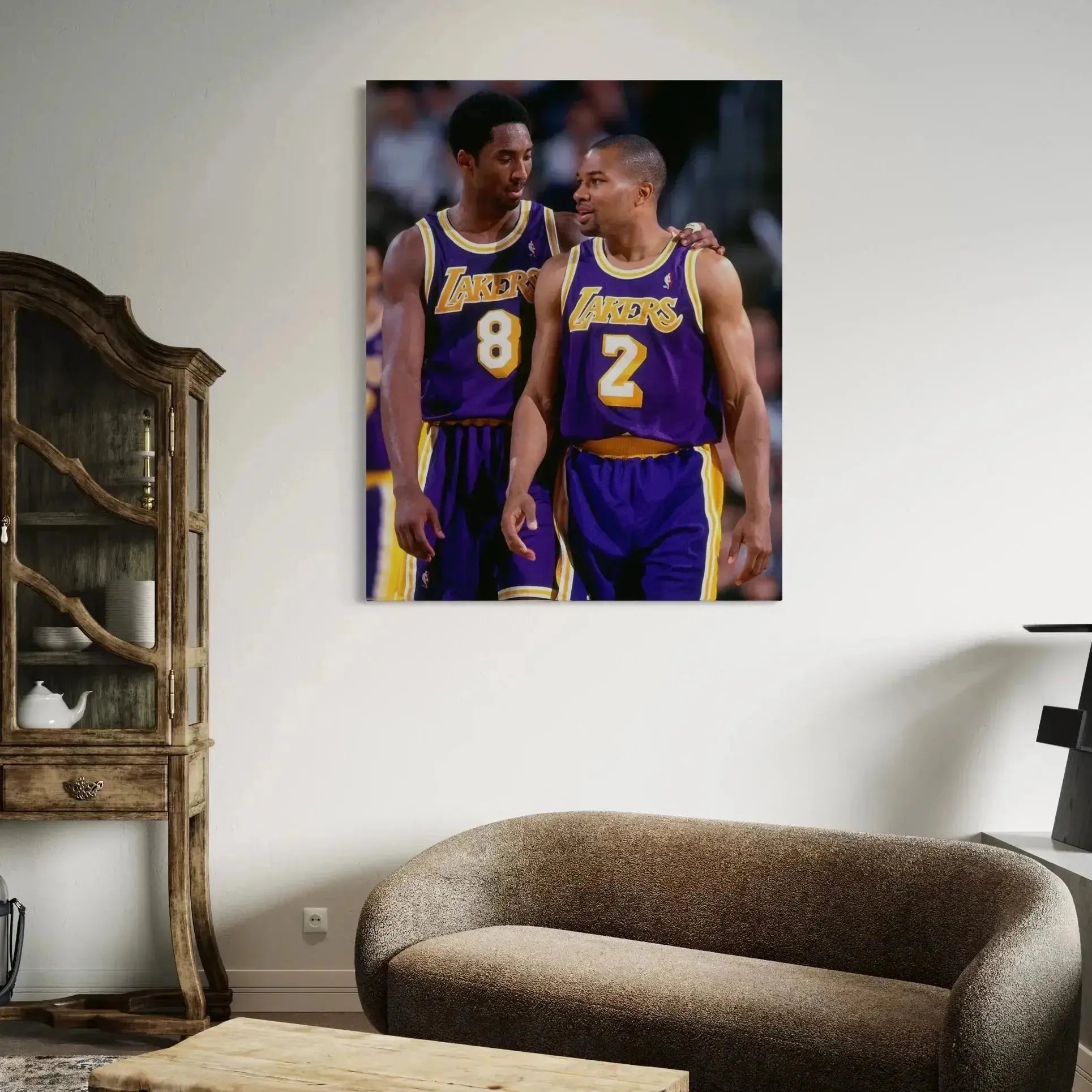 Textured canvas print highlighting the deep purple and bright gold jersey material, vibrant Artwork of kobe bryant.