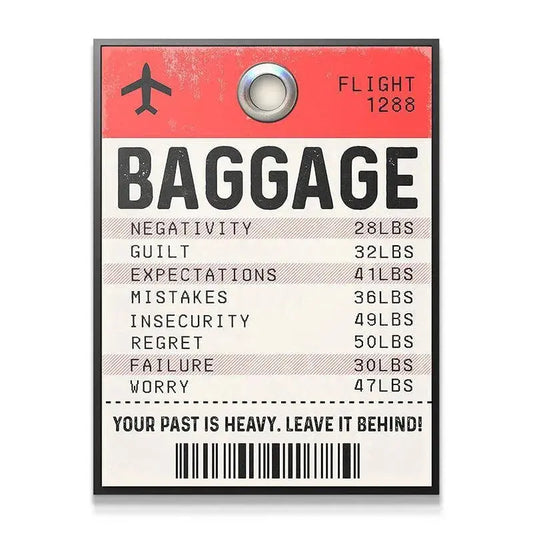 Close-up on the metal grommet and airplane icon detail on the red section of the motivational Baggage Tag.