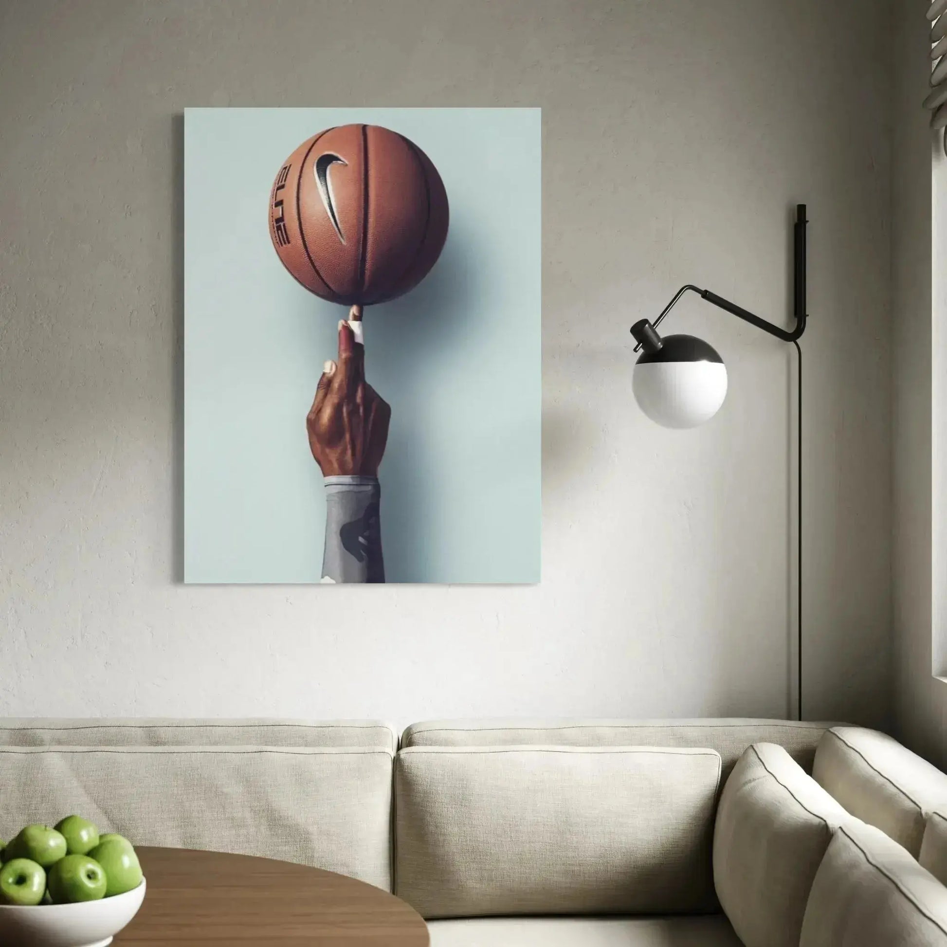 Detailed view of the athletic hand and taped finger supporting the basketball, focusing on precision, featured in the Basketball Wall Art – Modern Sports Print for Dynamic Interiors.