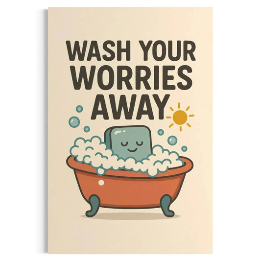 Full front view of the cheerful 'Bathtub Wall Art – Wash Your Worries Away Canvas' featuring a smiling blue soap bar in an orange tub.