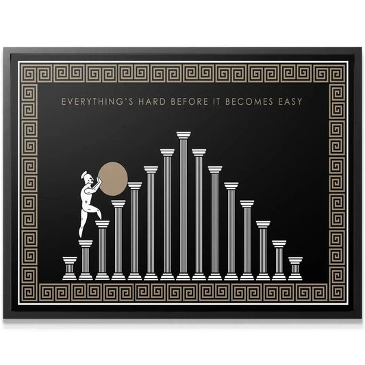 Close-up detail of the struggling figure ascending the column steps in 'Before It Becomes Easy - Empire Series' artwork.