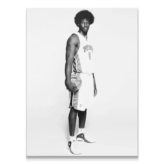 Full-body studio portrait of Ben Wallace - #3 in black and white holding a basketball.