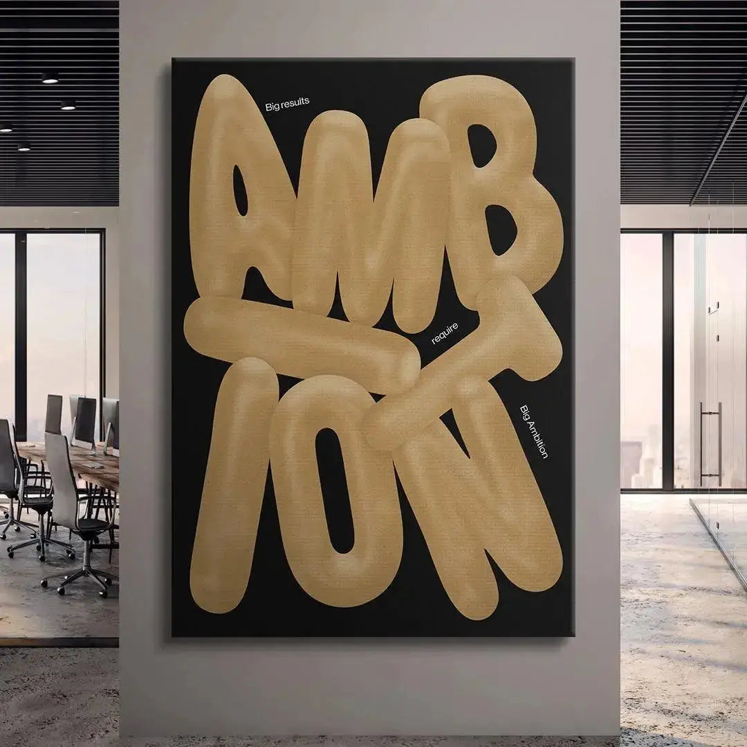 Angled perspective showing the dimension and depth of the 3D text in 'Big Ambition'.