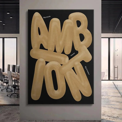 Angled perspective showing the dimension and depth of the 3D text in 'Big Ambition'.