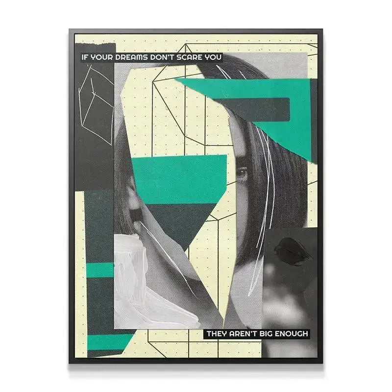 Close-up detail showing the fragmented face and vibrant teal shapes within the Big Dreams Scare print.