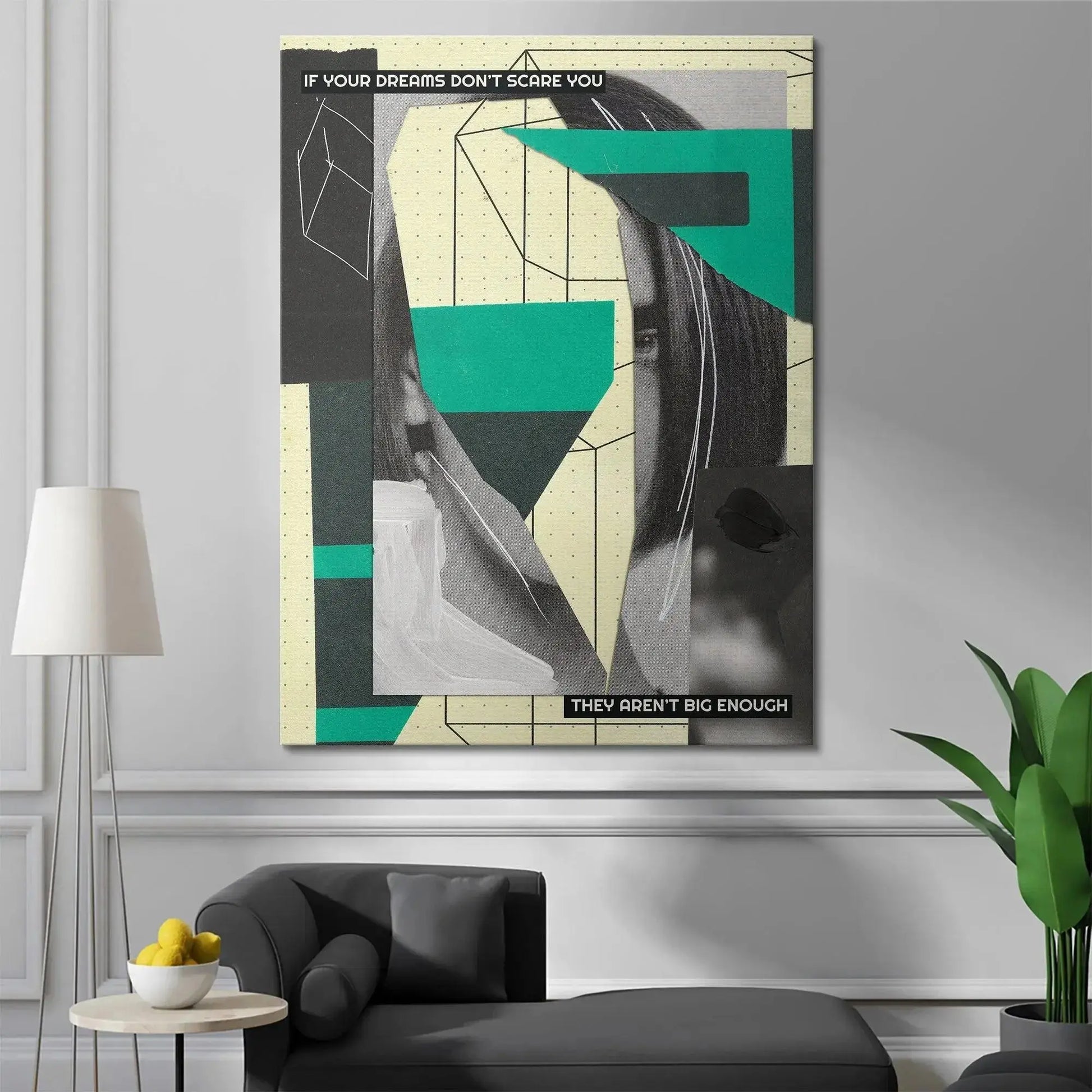 Angled side perspective of the canvas edge of the Big Dreams Scare piece mounted securely on a wall.